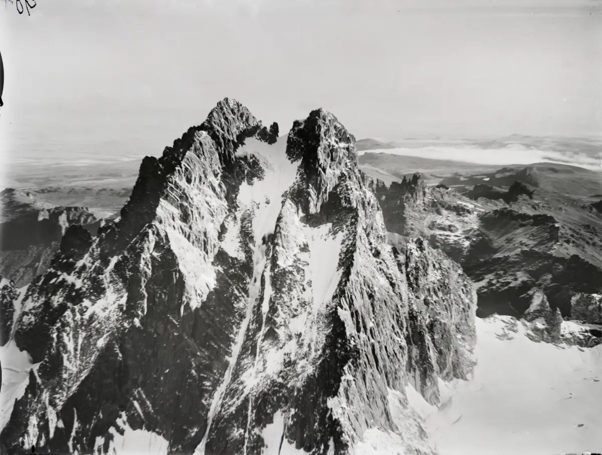 Historic aerial photograph of Batian and Nelion with snow on the faces